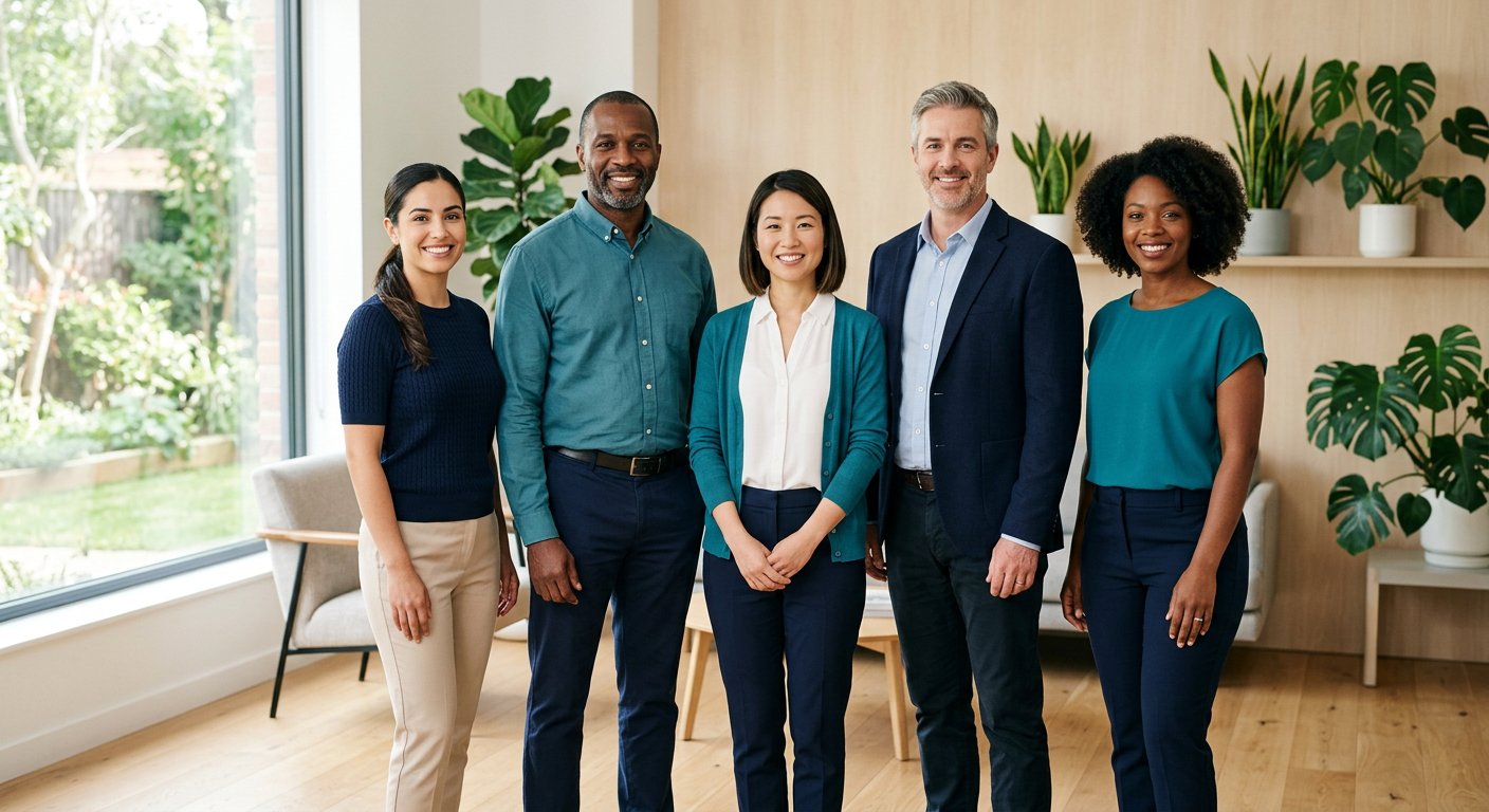 A diverse team of healthcare and wellness professionals smiling together in a bright clinic lounge