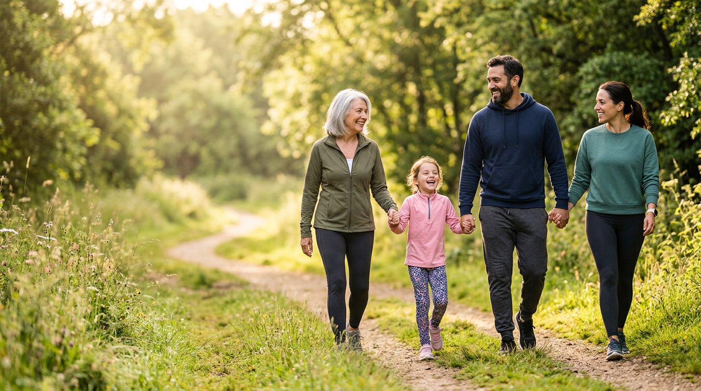 A happy multigenerational family walking together outdoors in warm morning light