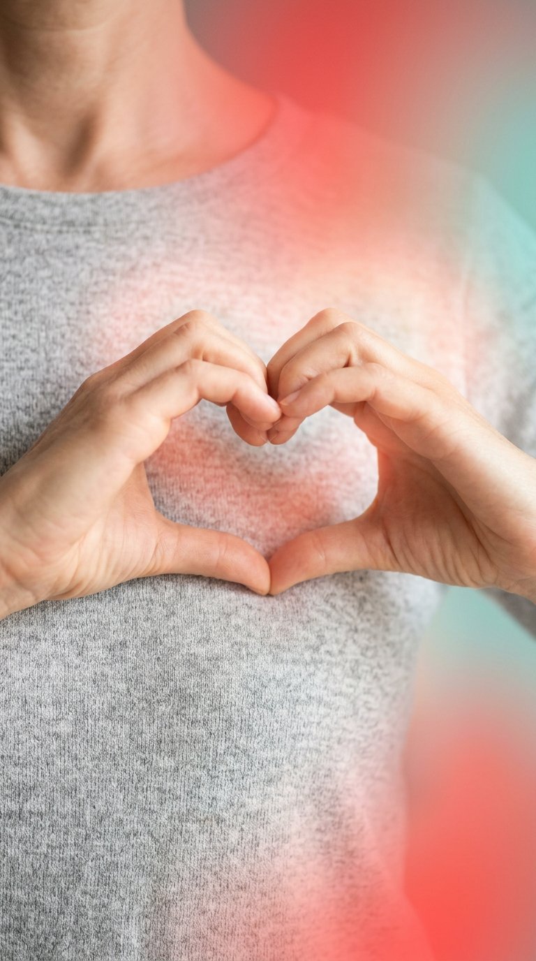 A hand resting gently over the heart on a soft gradient background