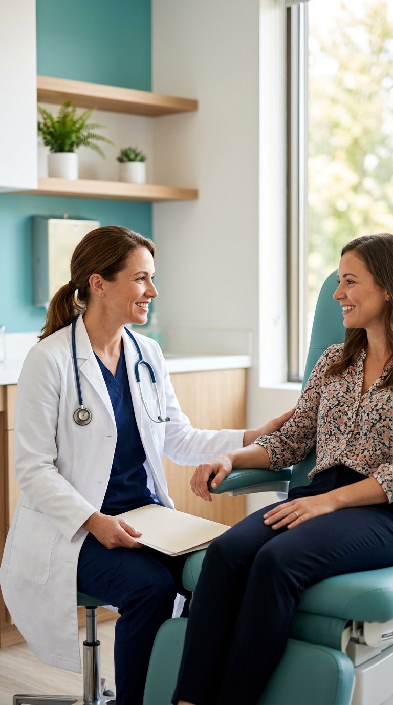 A caring doctor consulting a patient in a bright modern clinic