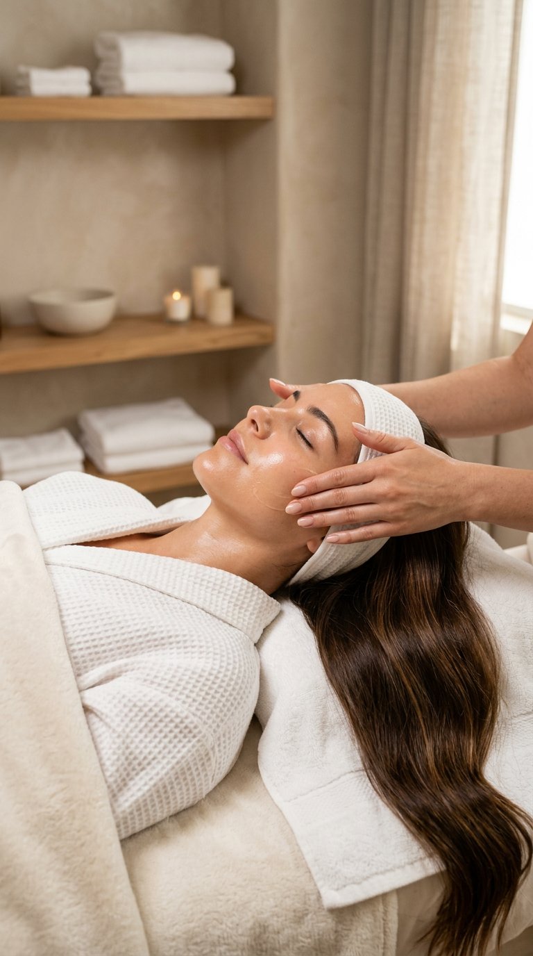 A serene woman with glowing skin and healthy hair during a facial treatment
