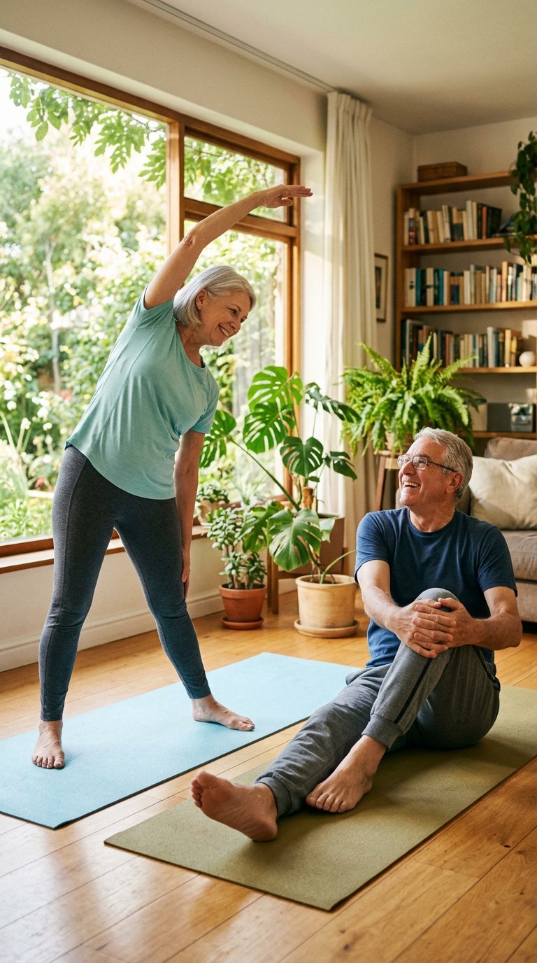 An active senior couple stretching together in bright morning light