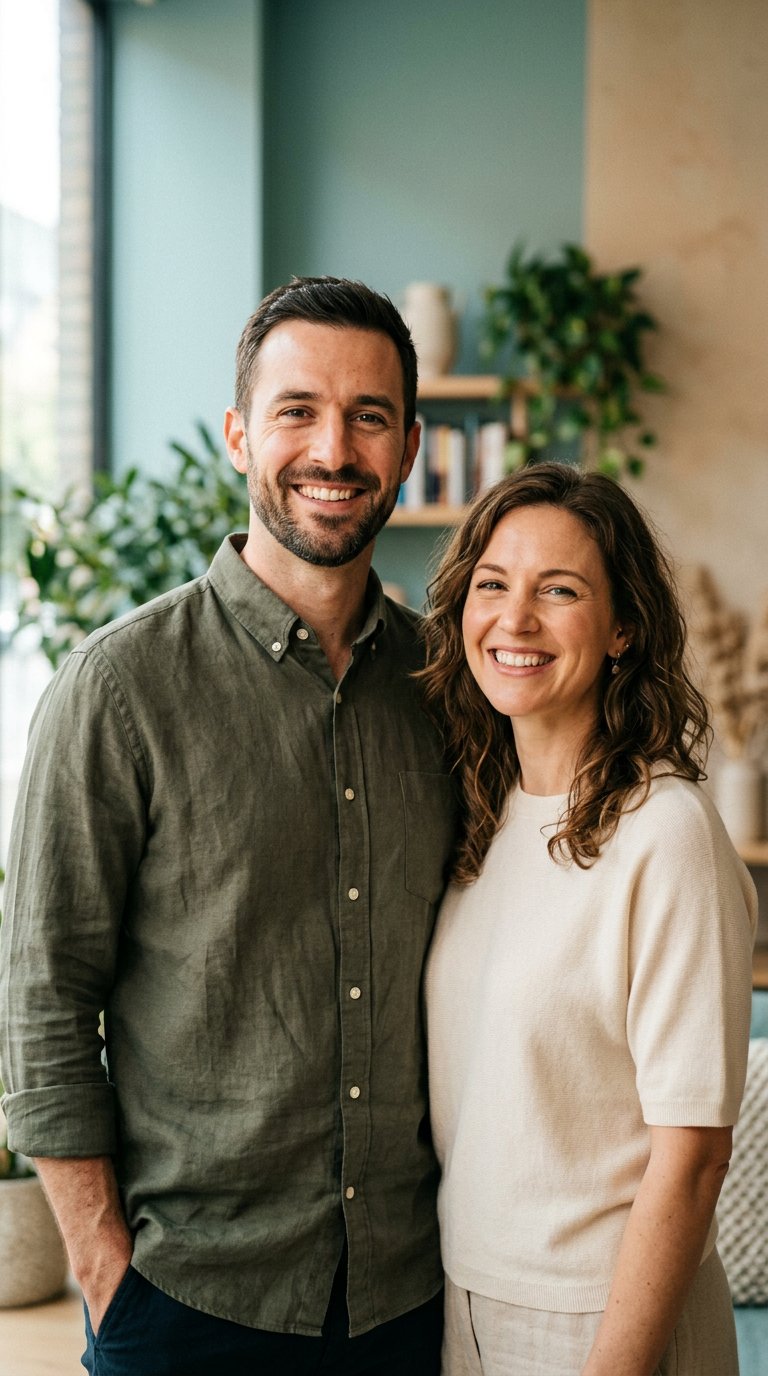 A confident man and woman standing side by side in soft natural light