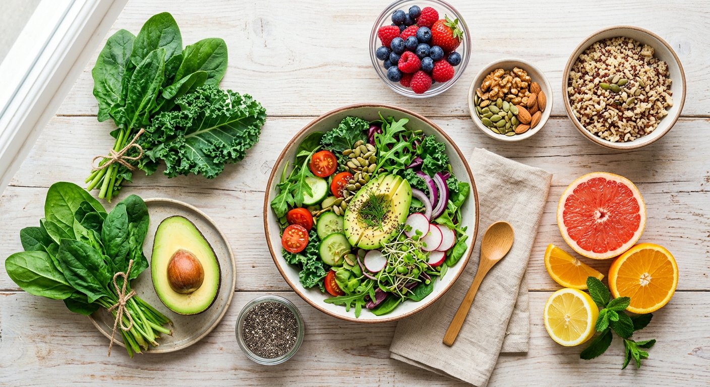 A colourful spread of fresh whole foods on a wooden table